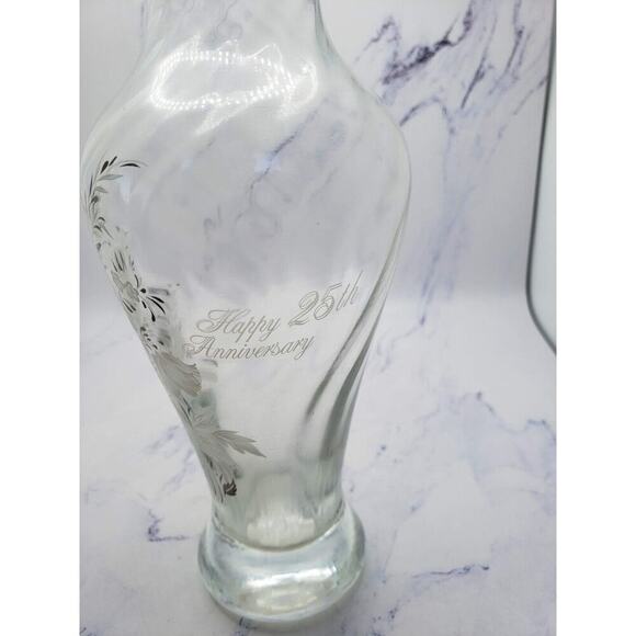 Clear Crystal Glass 25th Anniversary 8 Inch Vase With Flower Etching - Picture 6 of 7